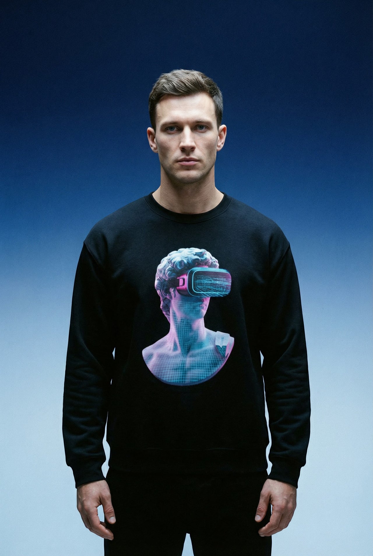 Retro Vaporwave Statue Crewneck Sweatshirt – VR Bust Graphic alternate view 2