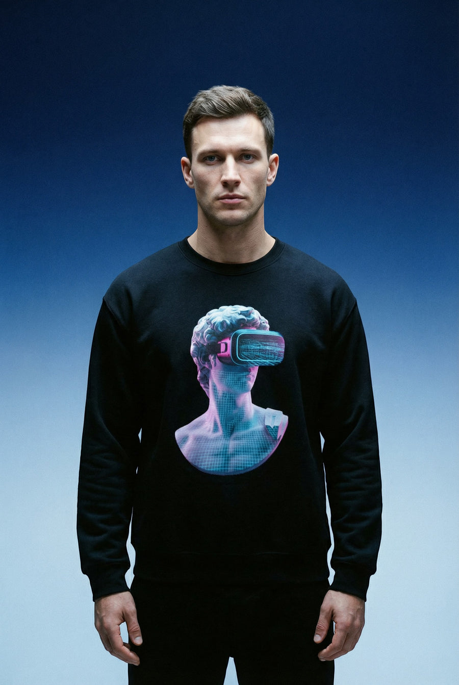 Retro Vaporwave Statue Crewneck Sweatshirt – VR Bust Graphic alternate view 2