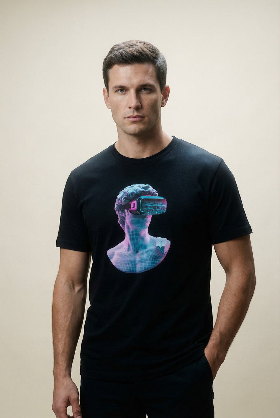 Retro Vaporwave Statue VR T‑Shirt — Neon Aesthetic Gaming Tee alternate view 2