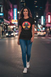 Vintage Science Fiction Alien T-Shirt — Retro Sunset UFO Skull Graphic Tee