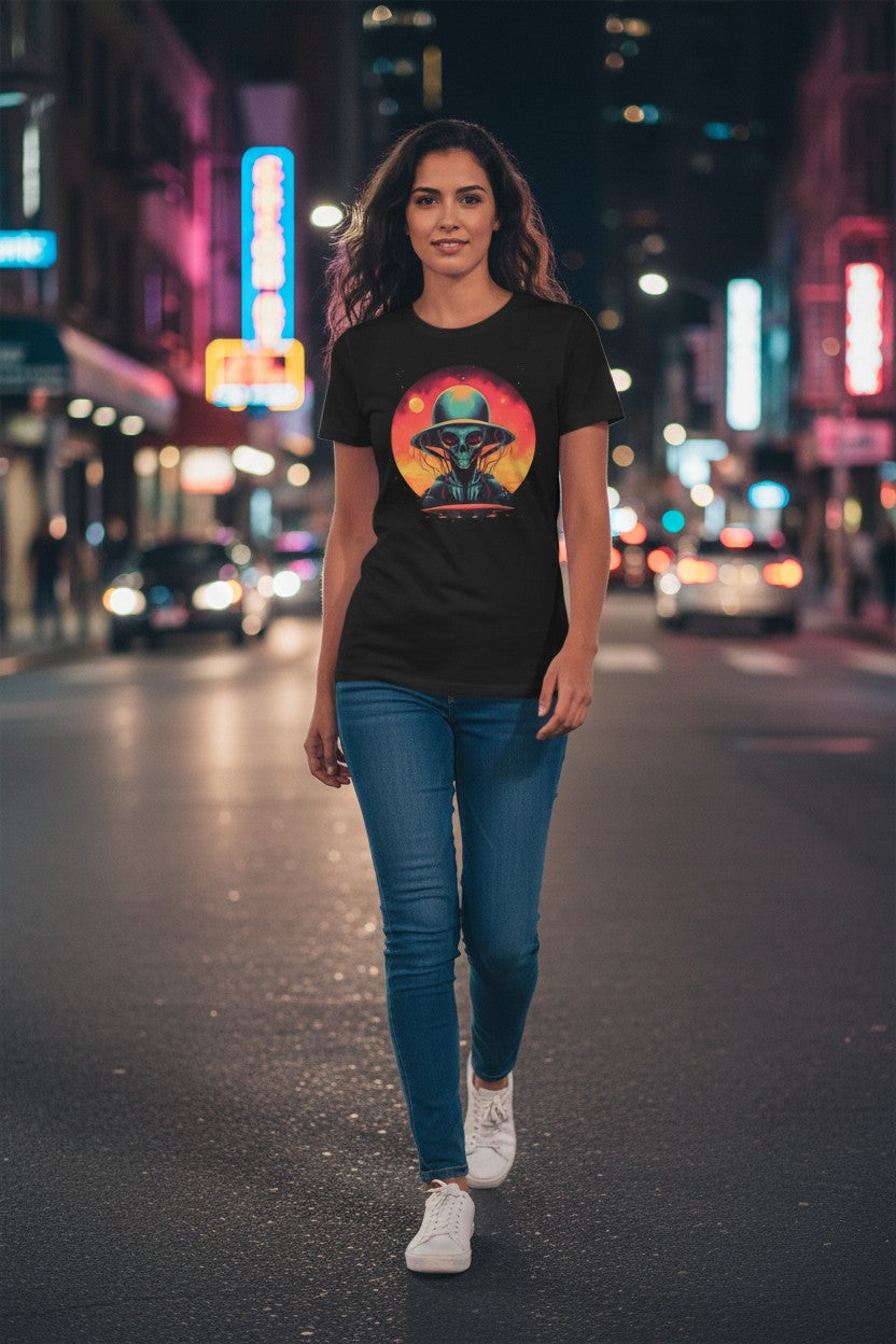 Vintage Science Fiction Alien T-Shirt — Retro Sunset UFO Skull Graphic Tee