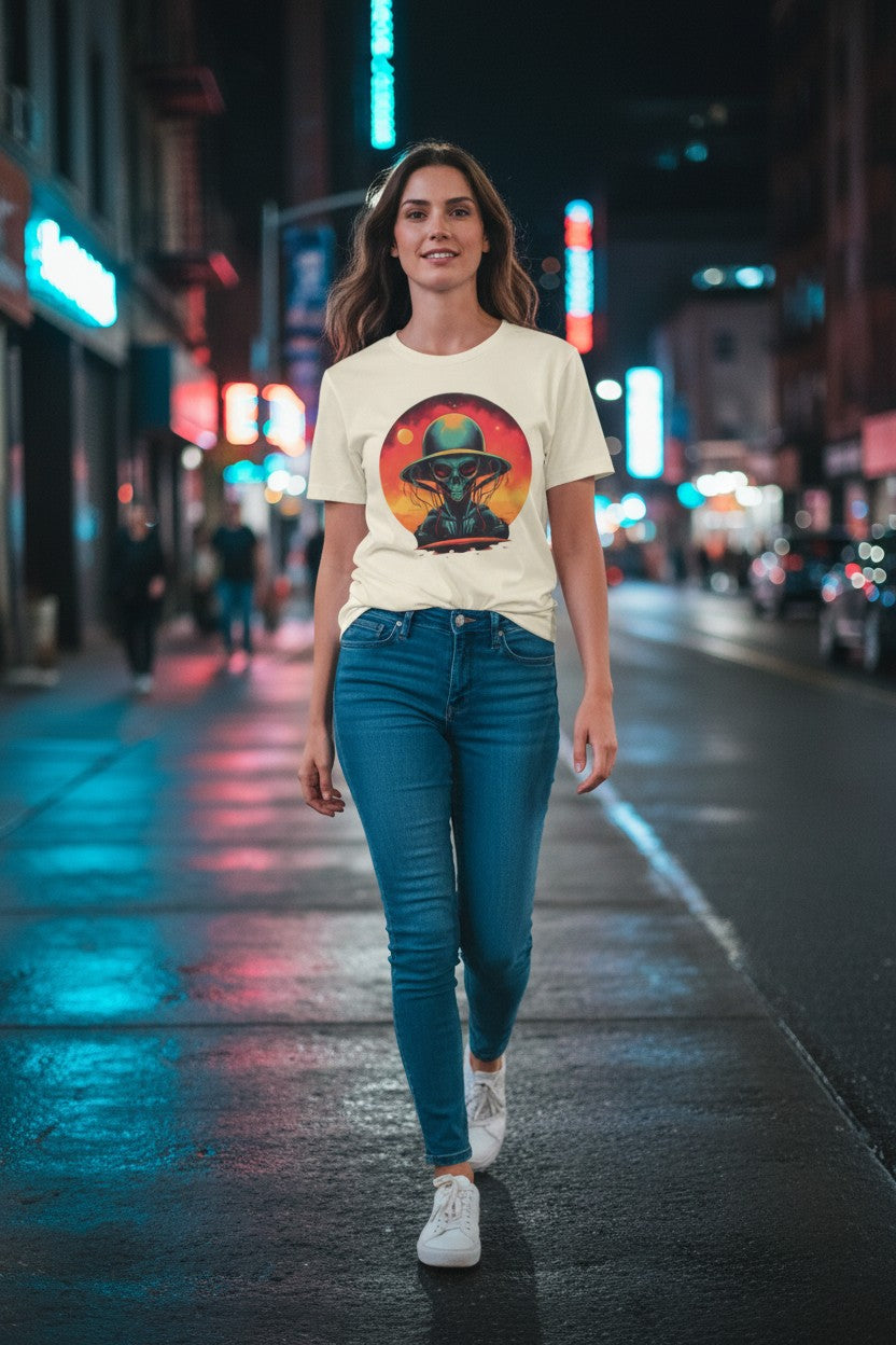 Vintage Science Fiction Alien T-Shirt — Retro Sunset UFO Skull Graphic Tee