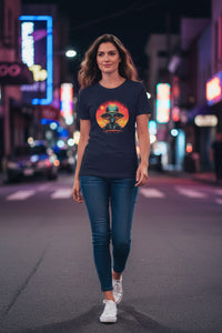 Vintage Science Fiction Alien T-Shirt — Retro Sunset UFO Skull Graphic Tee