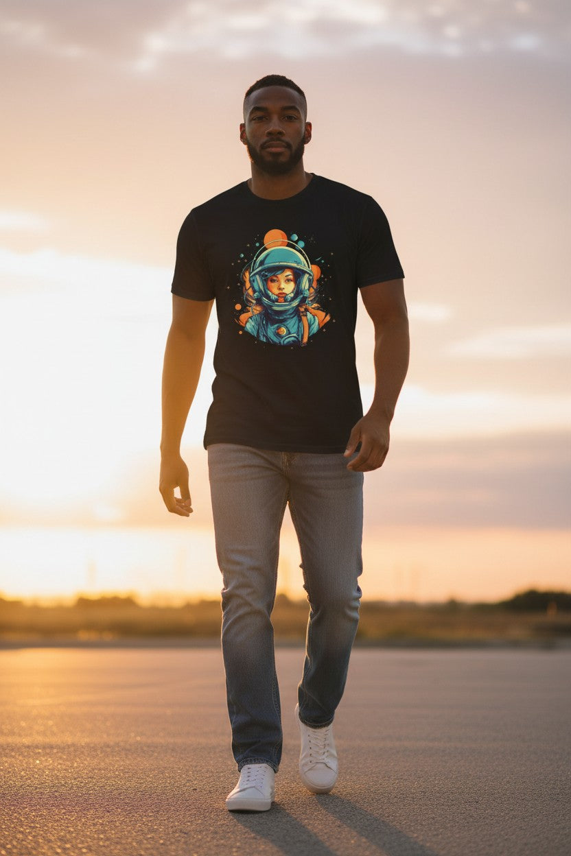 DailyThreadCo. black 100% cotton t-shirt with a retro graphic of a female astronaut in a teal helmet, orange accents, and starry background.