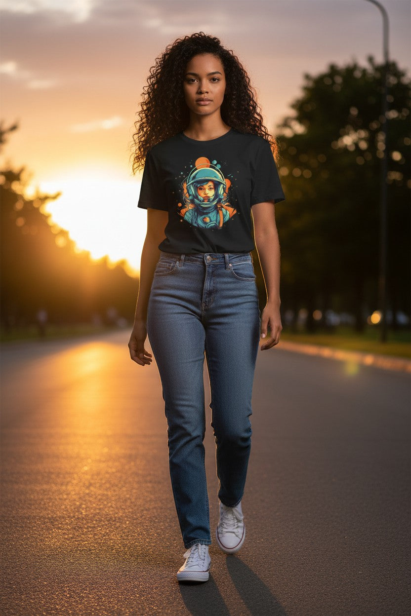 DailyThreadCo. black 100% cotton t-shirt with a retro graphic of a female astronaut in a teal helmet, orange accents, and starry background.