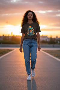 DailyThreadCo. brown 100% cotton t-shirt with a retro graphic of a woman in an astronaut helmet, featuring orange and teal colors.