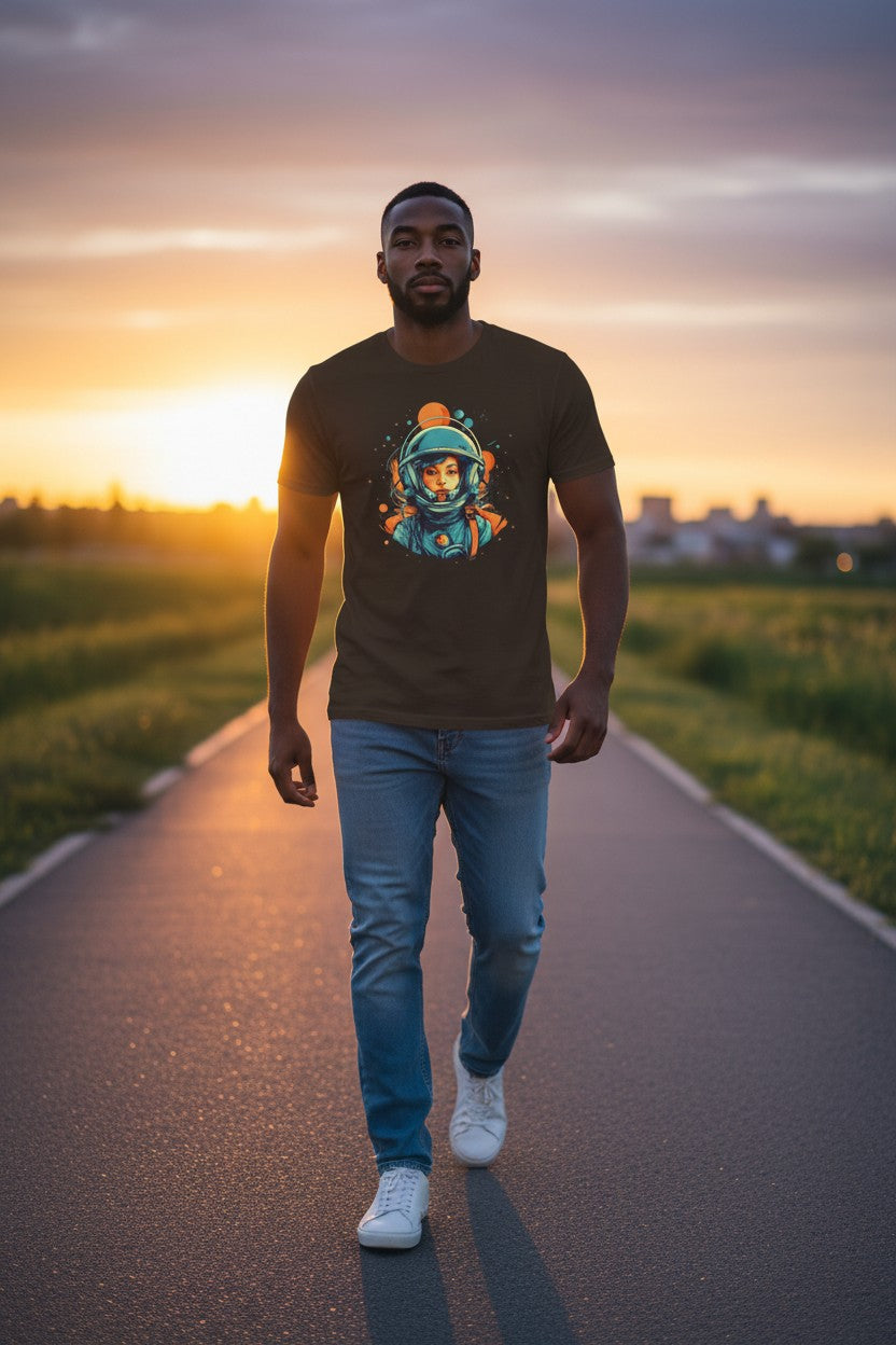 DailyThreadCo. brown 100% cotton t-shirt with a retro graphic of a woman in an astronaut helmet with orange and teal accents.