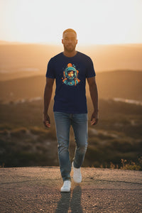 DailyThreadCo. navy blue 100% cotton t-shirt with retro astronaut girl graphic art in orange and teal.