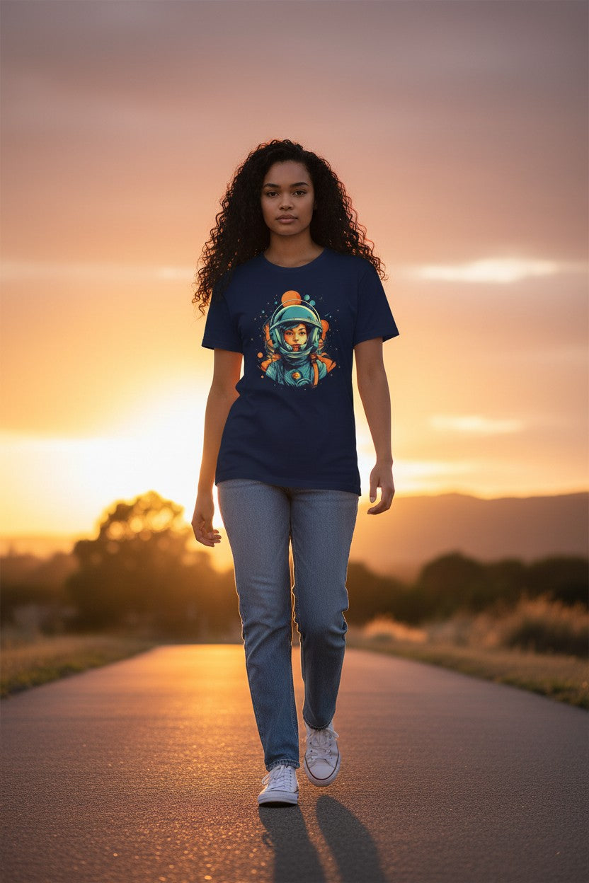 DailyThreadCo. navy blue 100% cotton t-shirt with retro astronaut girl graphic art in orange and teal.