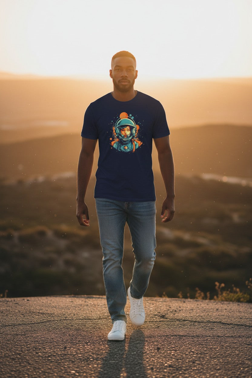 DailyThreadCo. navy blue 100% cotton t-shirt with retro astronaut girl graphic art in orange and teal.