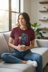 DailyThreadCo. maroon 100% cotton t-shirt with a graphic of an astronaut holding a colorful nebula.