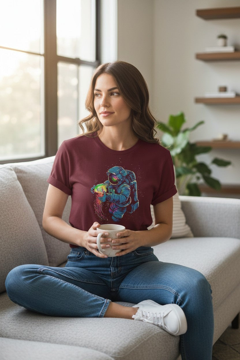 DailyThreadCo. maroon 100% cotton t-shirt with a graphic of an astronaut holding a colorful nebula.