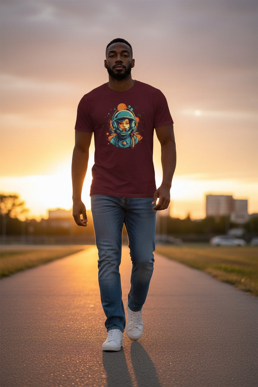 DailyThreadCo. maroon 100% cotton t-shirt with a retro graphic of a female astronaut in a teal helmet, orange accents, and starry background.