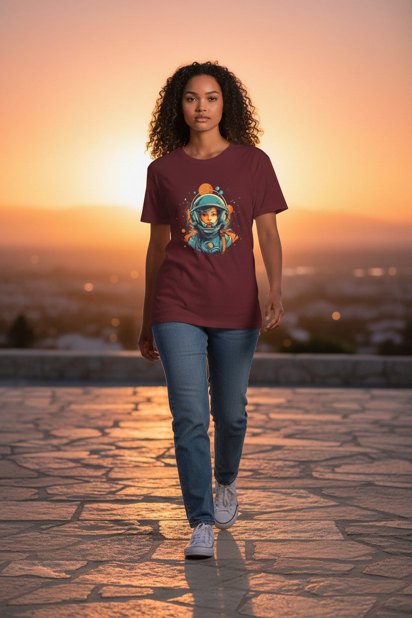 DailyThreadCo. maroon 100% cotton t-shirt with a retro graphic of a female astronaut in a teal helmet, oranges, and blues.