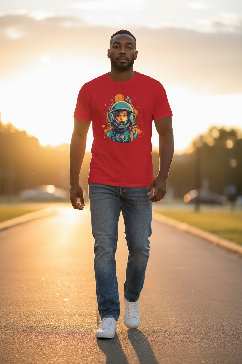 DailyThreadCo. red cotton t-shirt with a retro graphic of a female astronaut in a teal helmet, oranges, and blues.