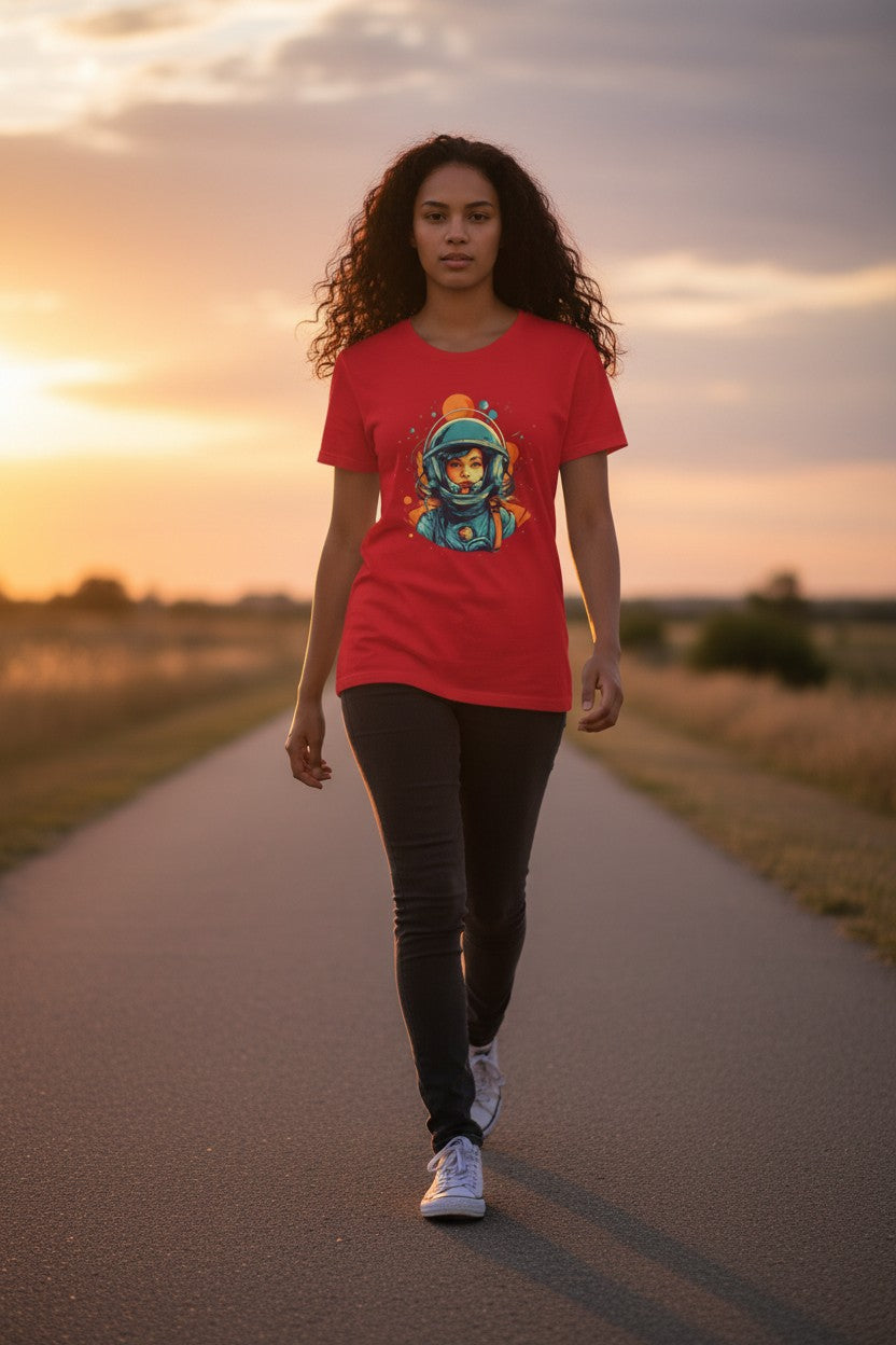 DailyThreadCo. red cotton t-shirt with a retro graphic of a female astronaut in a teal helmet, oranges, and blues.