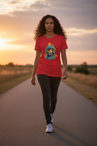 DailyThreadCo. red cotton t-shirt with a retro graphic of a female astronaut in a teal helmet, oranges, and blues.