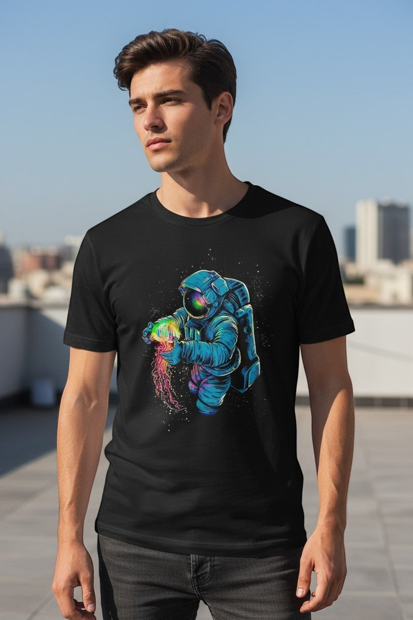 DailyThreadCo. black 100% cotton t-shirt with a neon astronaut graphic holding a rainbow jellyfish.