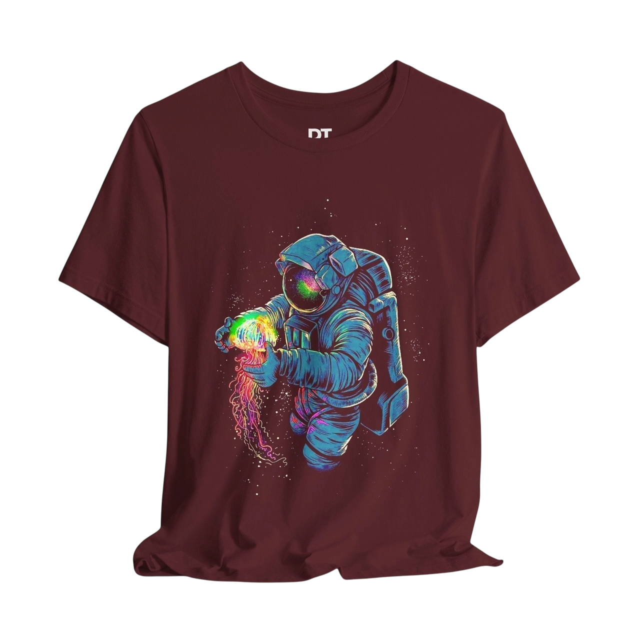 DailyThreadCo. maroon 100% cotton t-shirt with astronaut graphic holding a colorful jellyfish.
