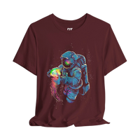 DailyThreadCo. maroon 100% cotton t-shirt with astronaut graphic holding a colorful jellyfish.