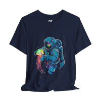 DailyThreadCo. navy blue 100% cotton t-shirt with a graphic of an astronaut holding a colorful, glowing jellyfish in space.
