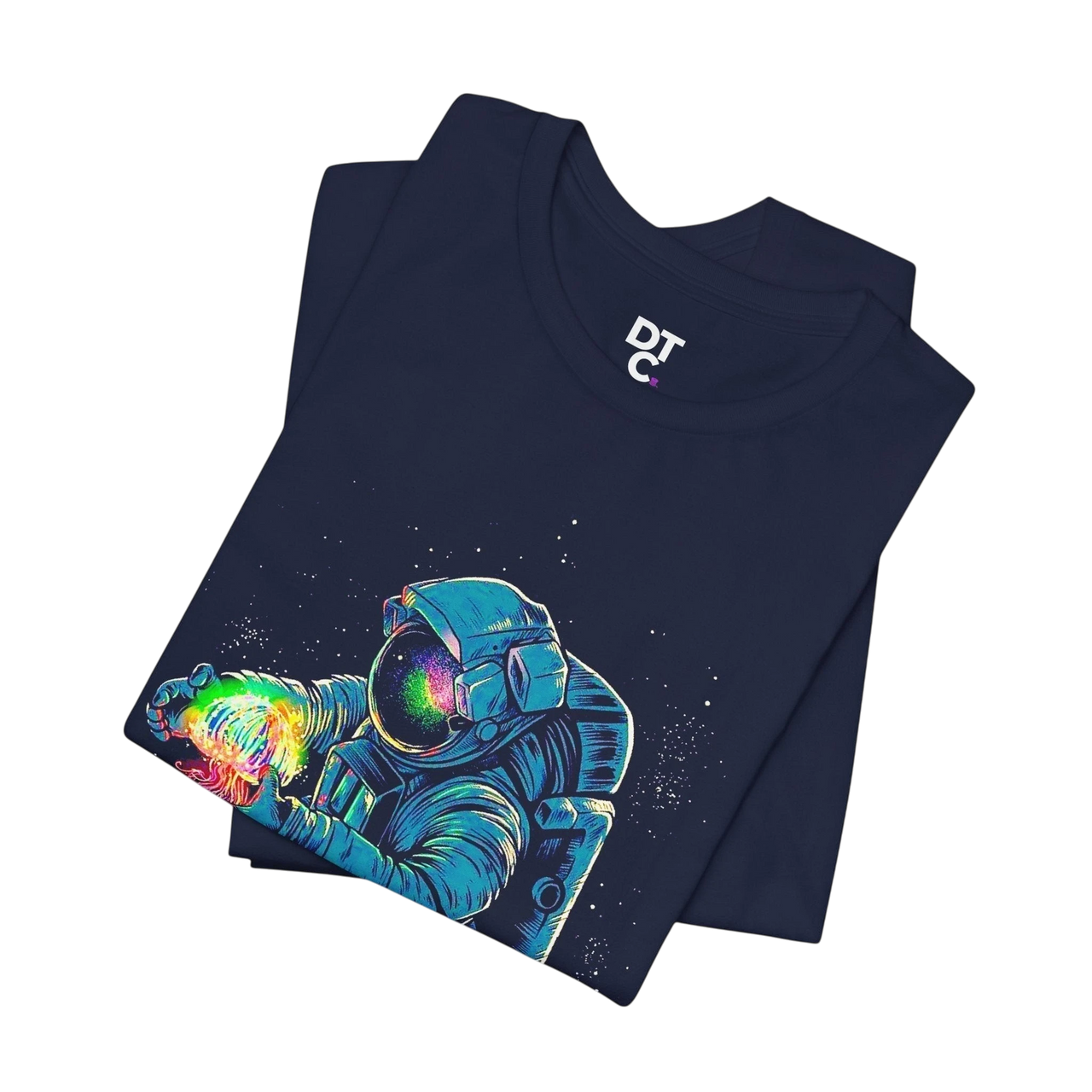 DailyThreadCo. navy blue 100% cotton t-shirt with a graphic of an astronaut holding a rainbow nebula.