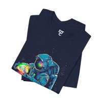 DailyThreadCo. navy blue 100% cotton t-shirt with a graphic of an astronaut holding a rainbow nebula.