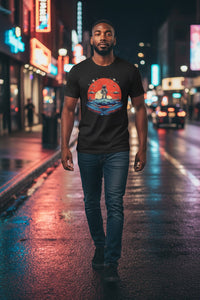 DailyThreadCo. black cotton t-shirt with astronaut graphic on a red planet landscape.