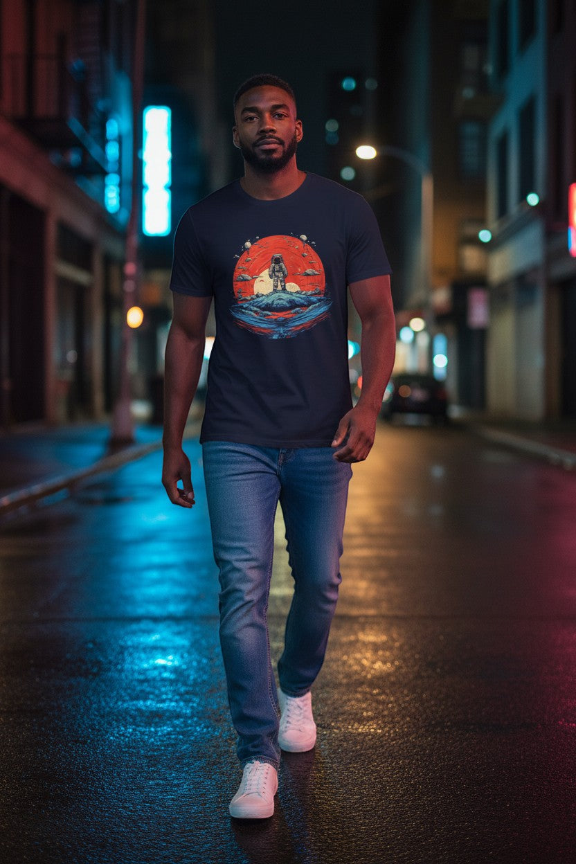 DailyThreadCo. navy blue cotton t-shirt with astronaut graphic on a red planet sunset.