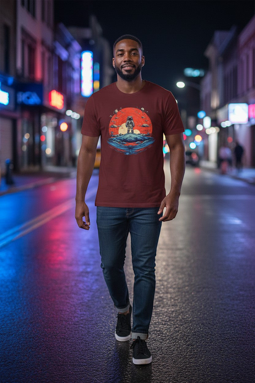 DailyThreadCo. maroon cotton t-shirt with astronaut graphic on a red planet sunset.