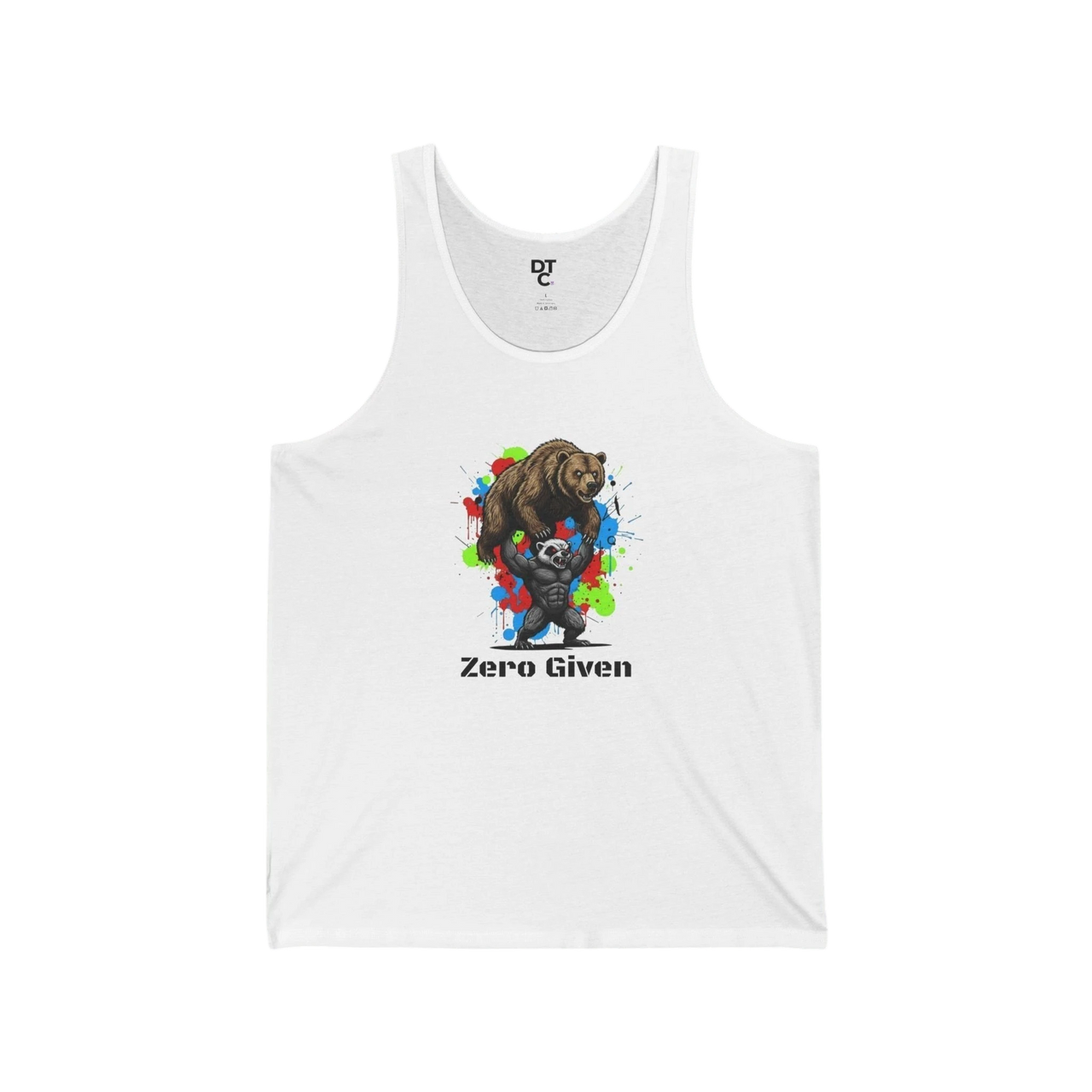 DailyThreadCo. white cotton graphic tank top with a bear lifting a honey badger and "Zero Given" text. Colorful paint splatters behind the graphic.