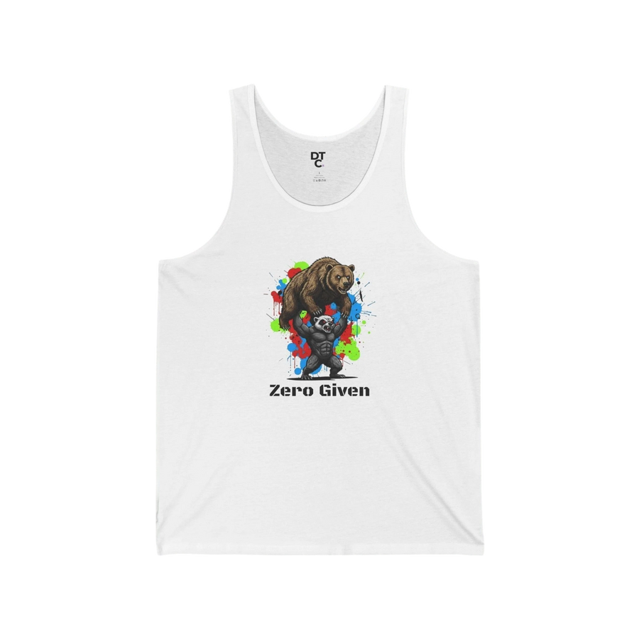 DailyThreadCo. white cotton graphic tank top with a bear lifting a honey badger and "Zero Given" text. Colorful paint splatters behind the graphic.