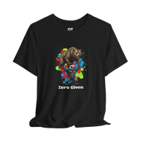 DailyThreadCo black 100% cotton t-shirt with 'Zero Given' graphic of a honey badger lifting a bear, set against a colorful paint splash background.