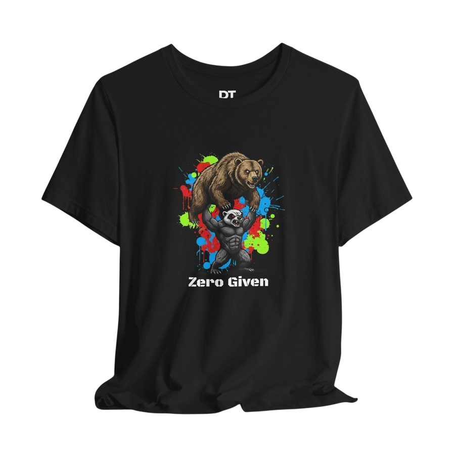 DailyThreadCo black 100% cotton t-shirt with 'Zero Given' graphic of a honey badger lifting a bear, set against a colorful paint splash background.