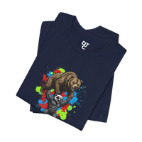 DailyThreadCo navy blue 100% cotton t-shirt with 'Zero Given' graphic of a honey badger lifting a bear, set against a colorful paint splash background.