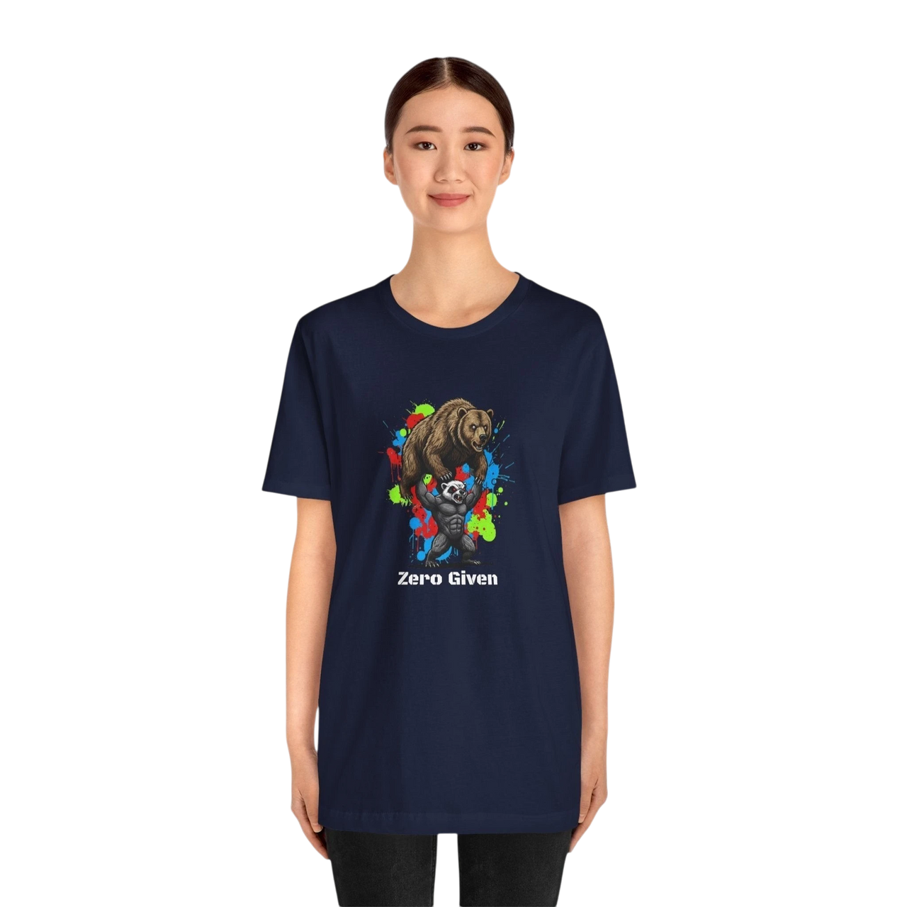 DailyThreadCo. navy blue 100% cotton t-shirt with a graphic of a honey badger lifting a bear, with colorful paint splatters and the text 'Zero Given'.