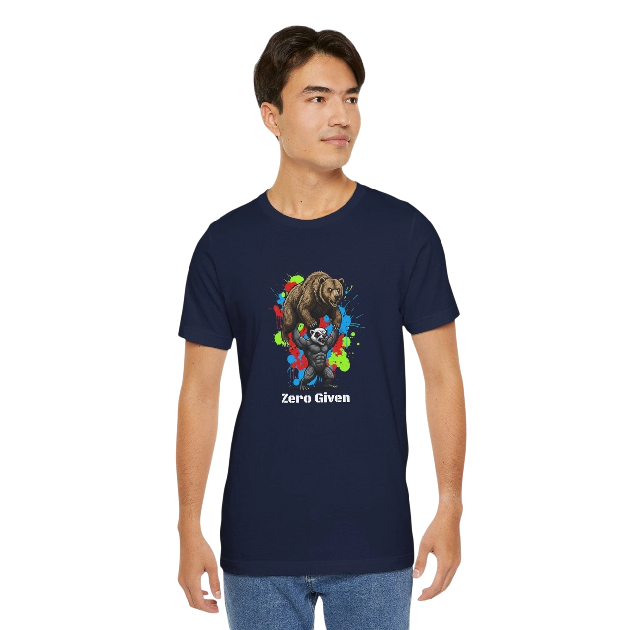 DailyThreadCo. navy blue 100% cotton t-shirt with 'Zero Given' graphic of a honey badger lifting a bear, set against colorful paint splashes.