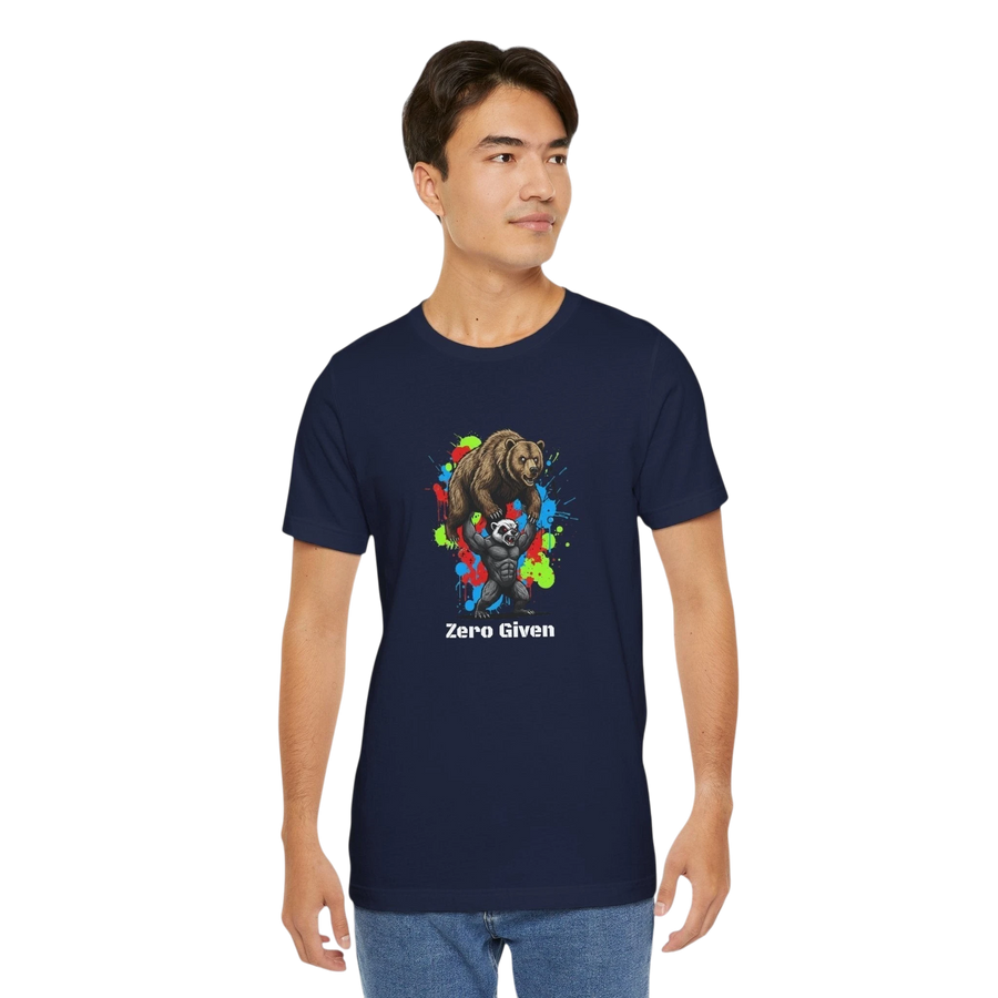 DailyThreadCo. navy blue 100% cotton t-shirt with 'Zero Given' graphic of a honey badger lifting a bear, set against colorful paint splashes.