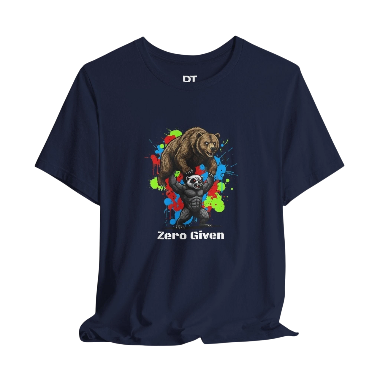DailyThreadCo. navy blue 100% cotton t-shirt with a graphic of a honey badger lifting a bear, with colorful paint splatters and the text 'Zero Given'.