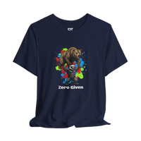 DailyThreadCo. navy blue 100% cotton t-shirt with a graphic of a honey badger lifting a bear, with colorful paint splatters and the text 'Zero Given'.