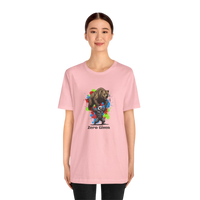 DailyThreadCo pink 100% cotton t-shirt with 'Zero Given' graphic of a honey badger lifting a bear, set against a colorful paint splash background.