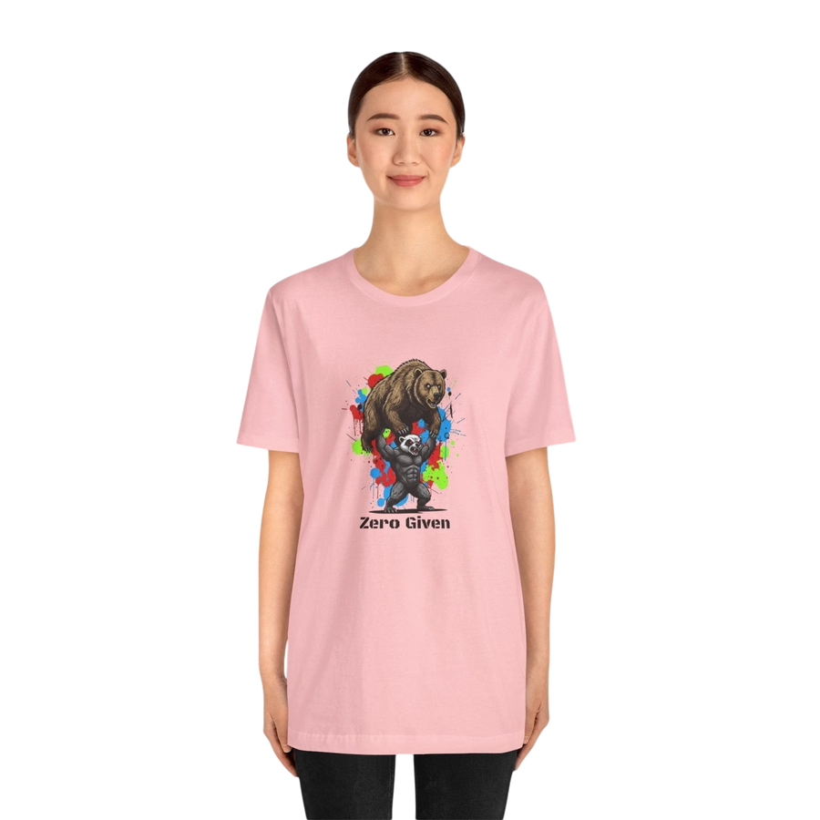 DailyThreadCo pink 100% cotton t-shirt with 'Zero Given' graphic of a honey badger lifting a bear, set against a colorful paint splash background.