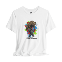 DailyThreadCo white 100% cotton t-shirt with a graphic of a honey badger lifting a bear, with colorful paint splatters and the text 'Zero Given'.