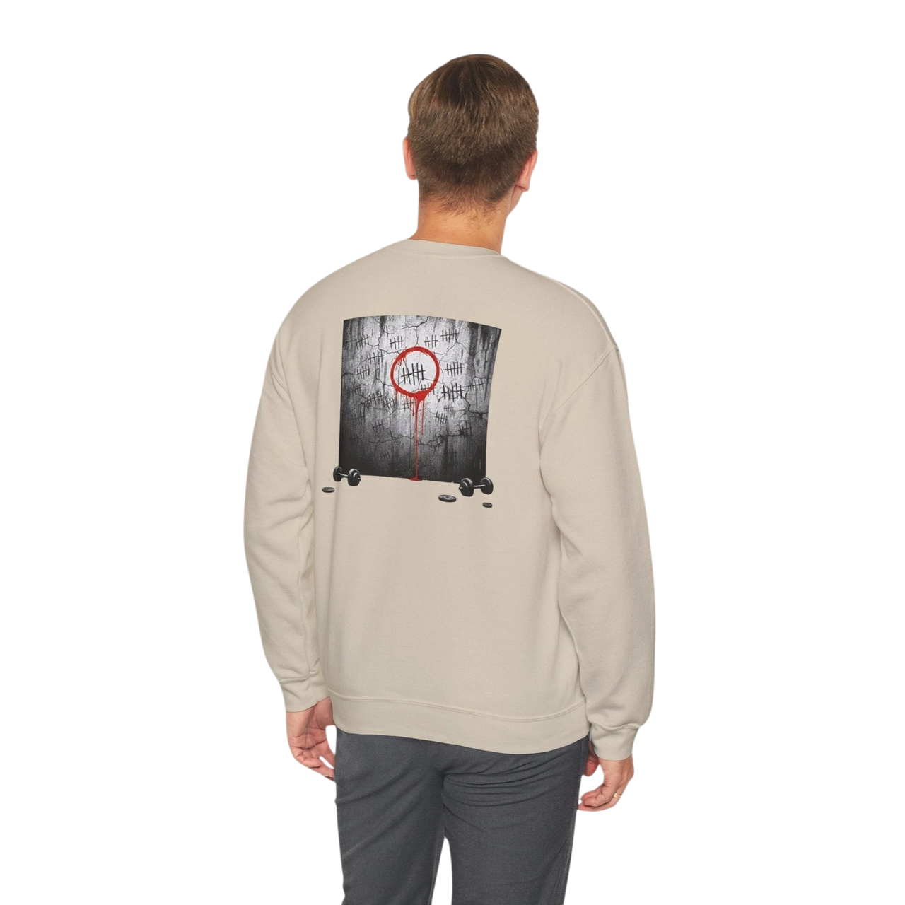 DailyThreadCo. beige crewneck sweatshirt with a graphic of tally marks and a red circle on the back. Medium-weight cotton-blend.