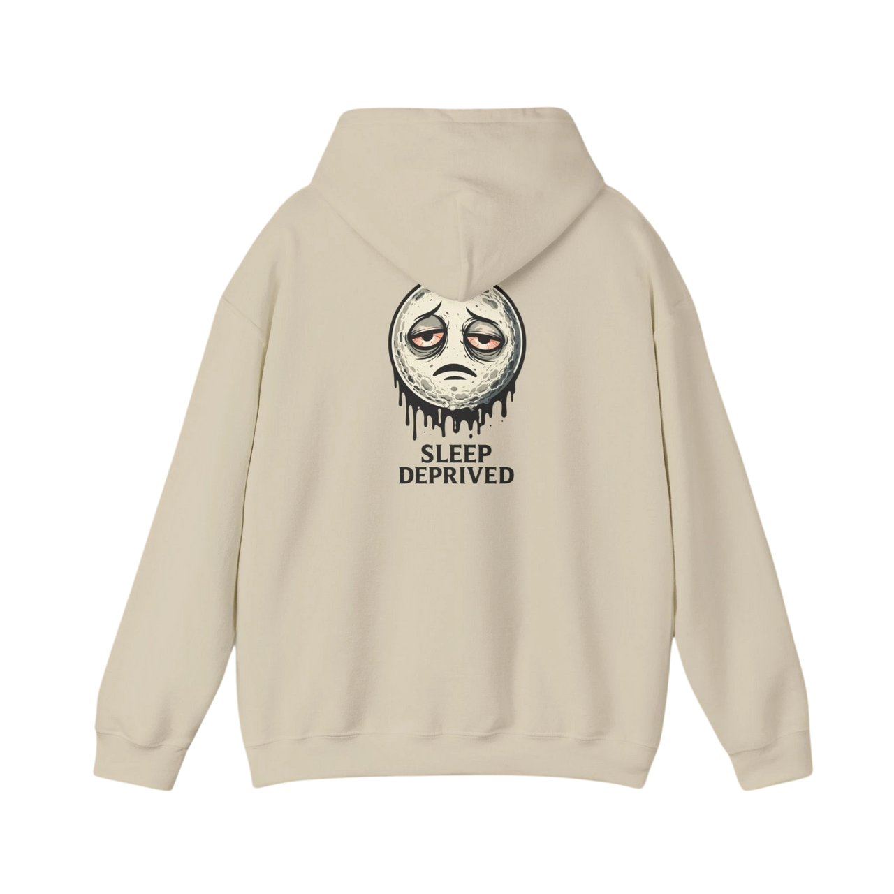 DailyThreadCo. beige 50/50 cotton-poly fleece hoodie with a dripping moon graphic and "SLEEP DEPRIVED" text on the back.