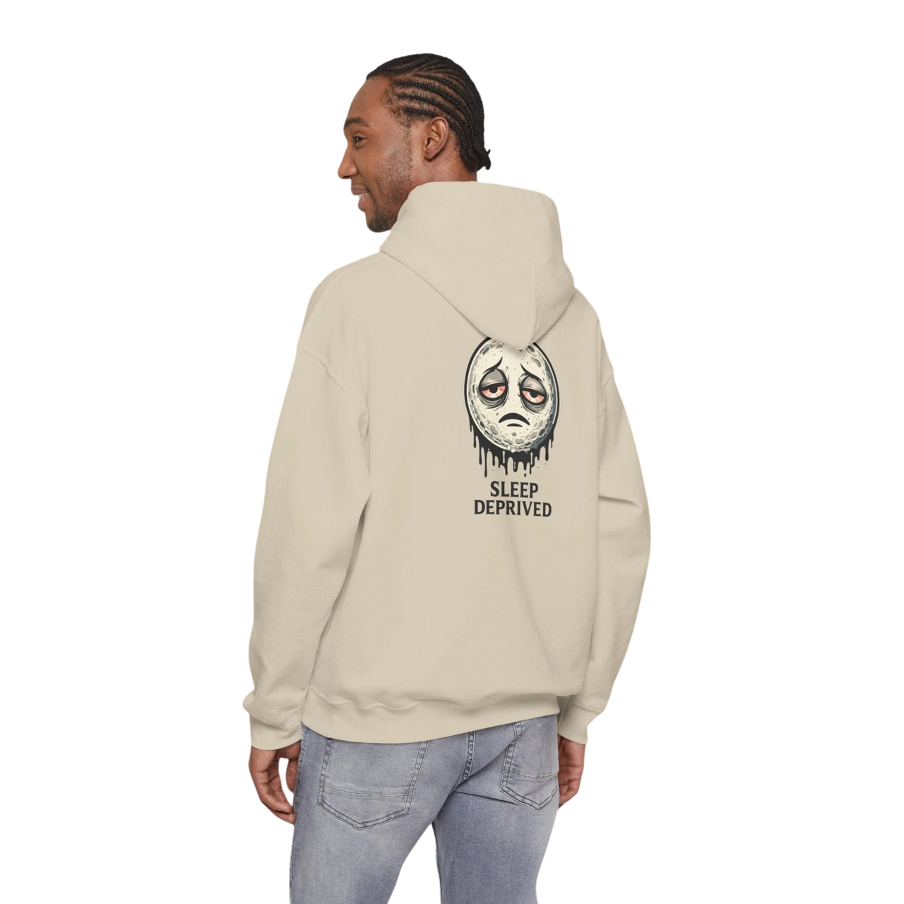 DailyThreadCo. beige cotton-poly blend hoodie with a dripping moon graphic and "SLEEP DEPRIVED" text on the back.