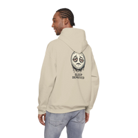 DailyThreadCo. beige cotton-poly blend hoodie with a dripping moon graphic and 