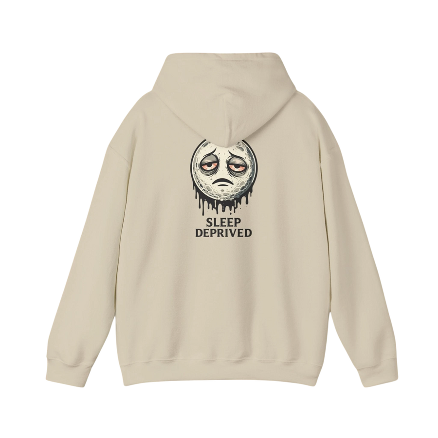 DailyThreadCo. beige 50/50 cotton-poly fleece hoodie with a dripping moon graphic and "SLEEP DEPRIVED" text on the back.