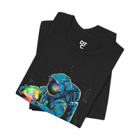 DailyThreadCo. black 100% cotton t-shirt with a neon astronaut graphic holding a rainbow nebula. Crew neck, short sleeves.