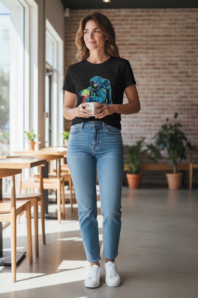 DailyThreadCo. black 100% cotton t-shirt with a blue astronaut graphic holding a rainbow nebula.